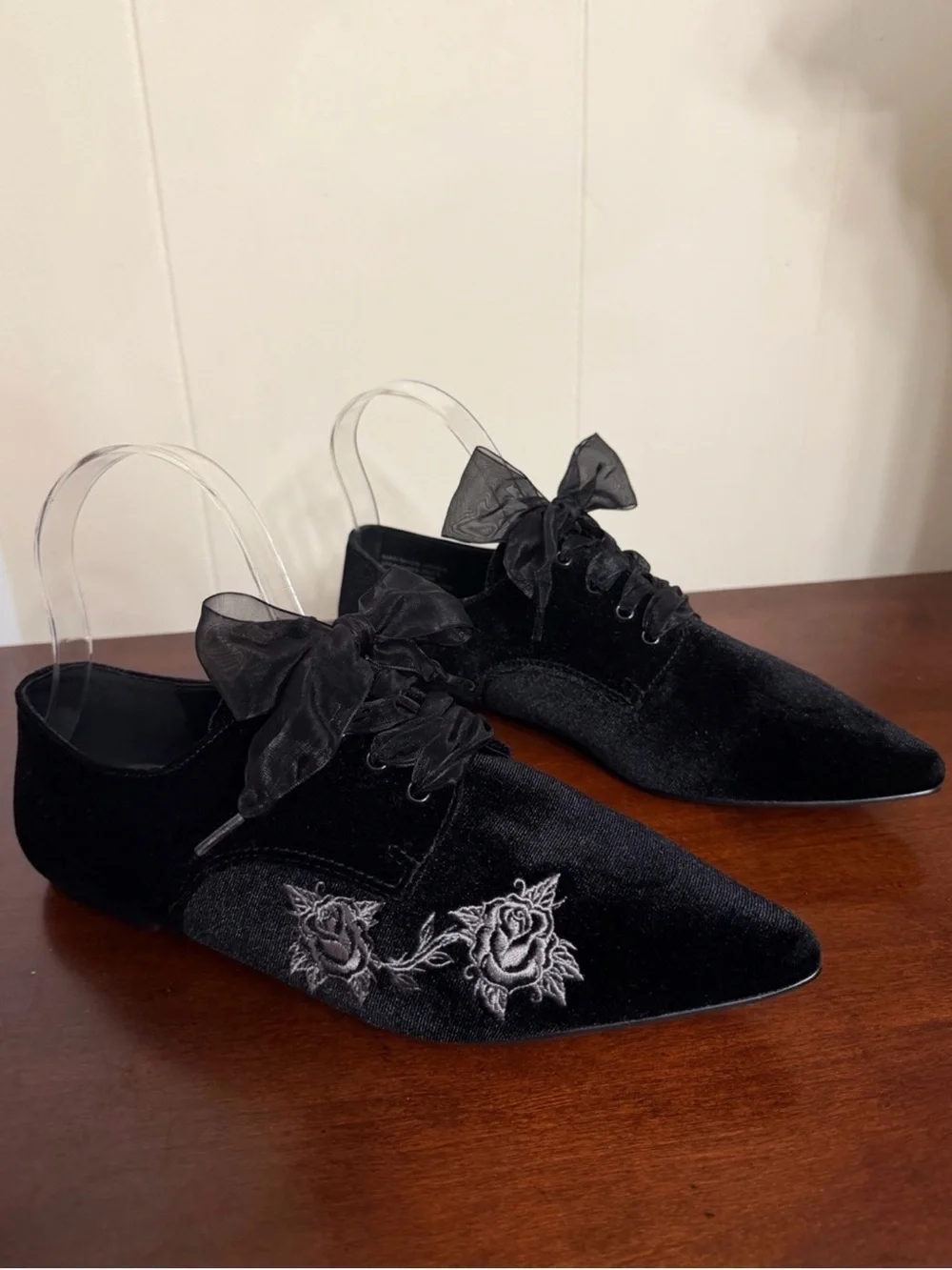 Lively Ghosts x Strange Cvlt NIGHTFALL FLATS Black Velvet Rose Lace-Up Oxfords - Picture 3 of 9
